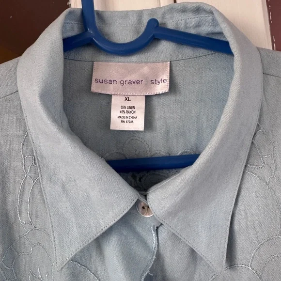 Susan Graver linen blend Blazer light blue cottagecore cutout eyelet embroidery - Picture 10 of 12